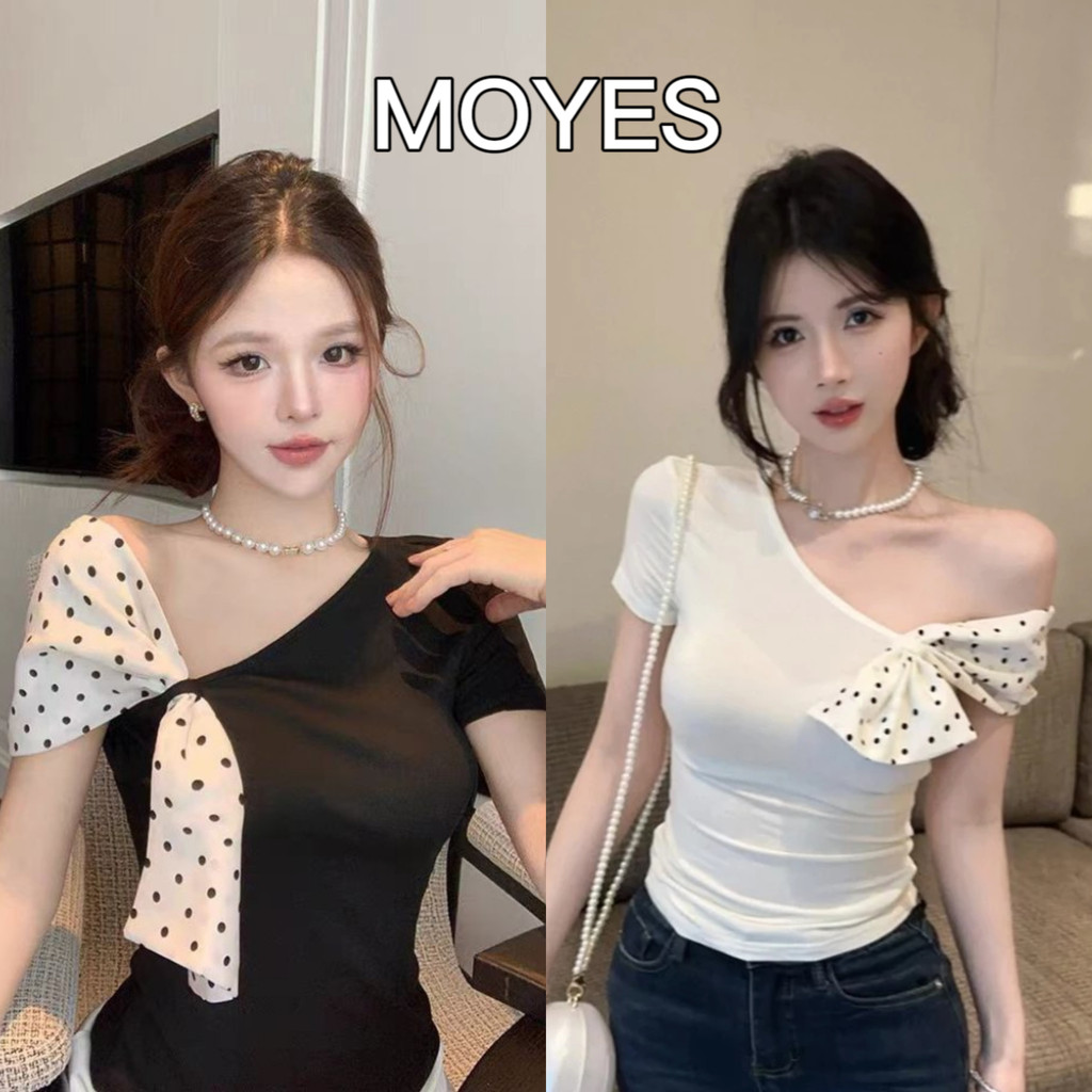 MOYES🔥ในสต็อก💗เสื้อยืดคอกลมแขนสั้นลายจุดสไตล์สาวฮอตสำหรับหน้าร้อน ทรงเข้ารูป