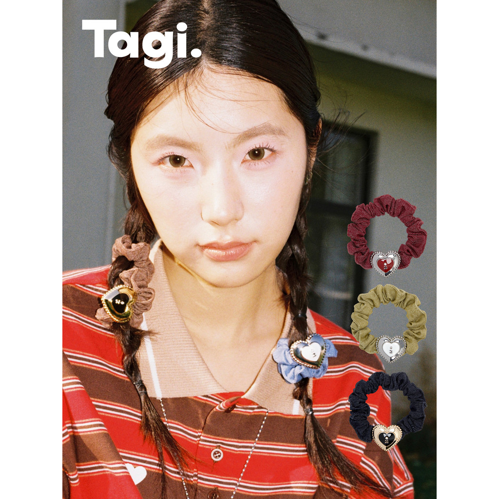 Tagi. Cream Love Scrunchies Diamond Vintage Denim Hairband Hair Rope ผ้ารัดผมลายหัวใจสีครีม