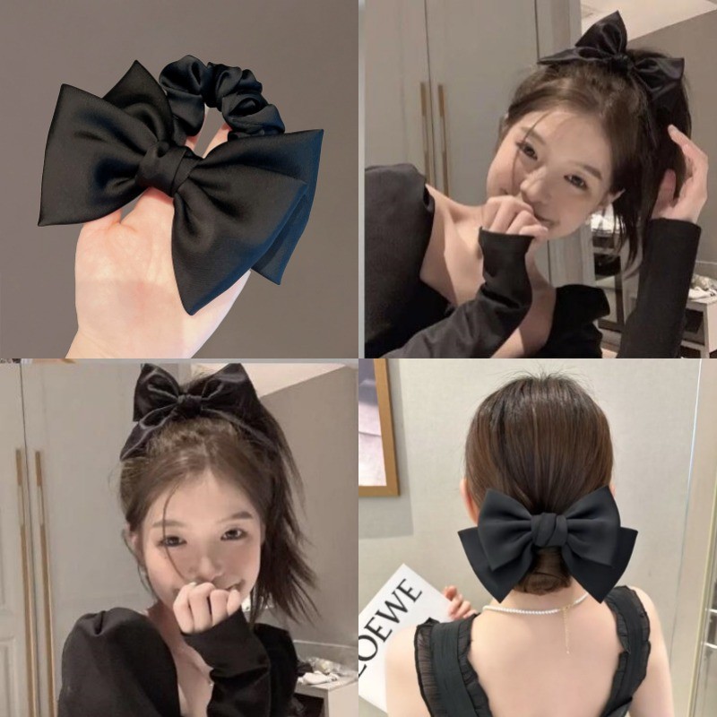 High-end สีดําซาติน Bow Hair Tie ยาว Bow Scrunchies แฟชั่นริบบิ้นสีดําโบว์เชือกผมสําหรับผู้หญิง