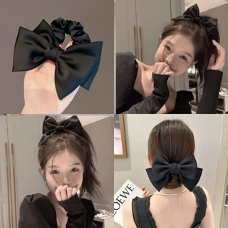High-end สีดําซาติน Bow Hair Tie ยาว Bow Scrunchies แฟชั่นริบบิ้นสีดําโบว์เชือกผมสําหรับผู้หญิง