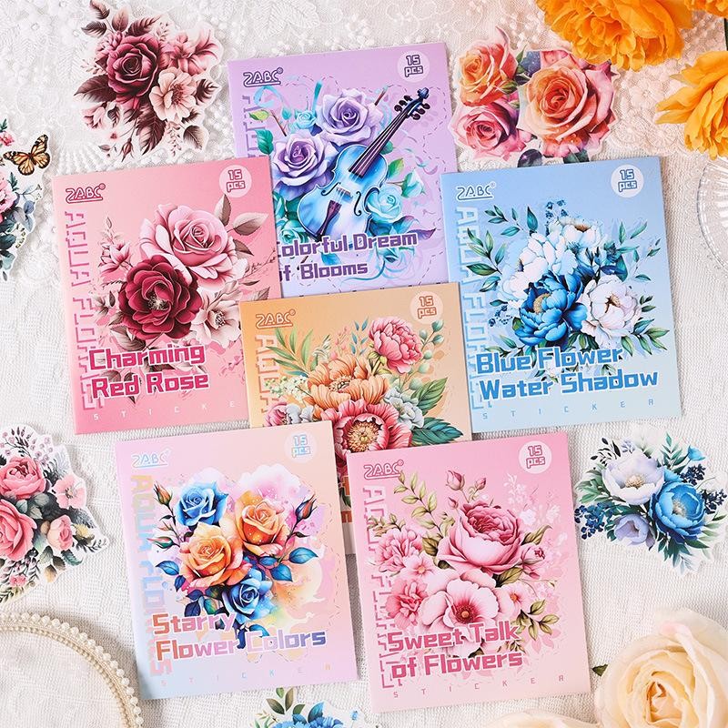 WATERCOLOR FLOWER RHYME SERIES 15 ชิ้น WASHI สติ๊กเกอร์ DIY JOURNAL SCRAPBOOK ST 150