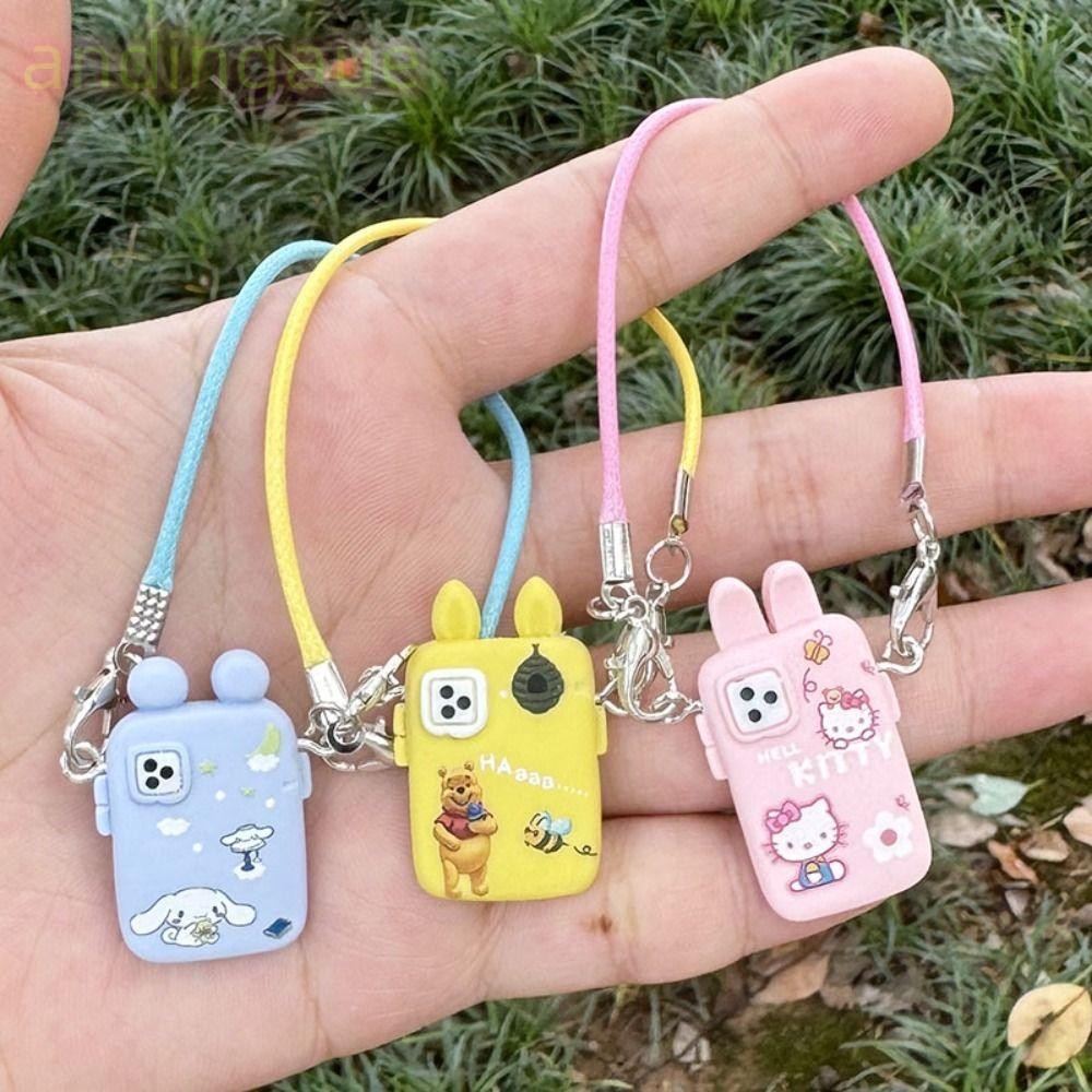 ANDIN Labubu Phone Lanyard Pendant Model, Mini Decorative Small Mobile Phone Labubu Neck Hanging Accessorie, Bear Cartoon Dollhouse Decorative