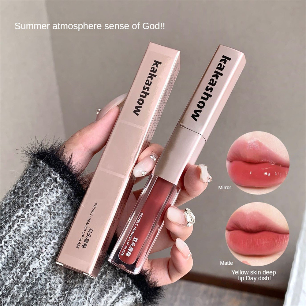 【COD】2-in-1 ลิปกลอสสองหัว แมตต์และกระจก ลิปสติกเนื้อแมทต์เนื้อนุ่มละมุนพร้อมกระจก 2 ชั้น กันน้ำ ไม่ติดถ้วย