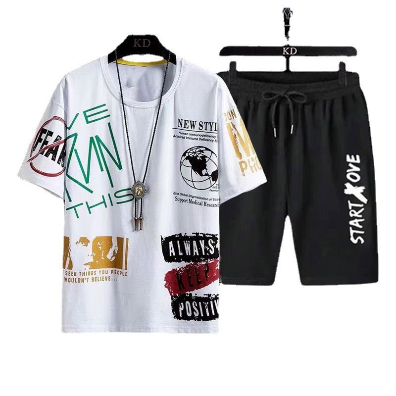 ฤดูร้อนสําหรับผู้ชายที่มีคอกลมแขนสั้นขนาดใหญ่สําหรับฤดูร้อนนอกเสื้อเหงื่อและสองเส้นสําหรับการพักผ่อน