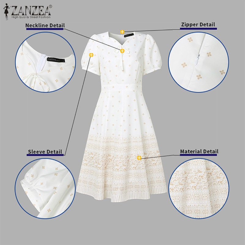 ZANZEA ใส่ ซานเซีย ผู้หญิงเกาหลีสง่างามหัวใจคอแขนสั้นพัฟแขนดอกไม้เอวซิปชุด - รูปที่ 5