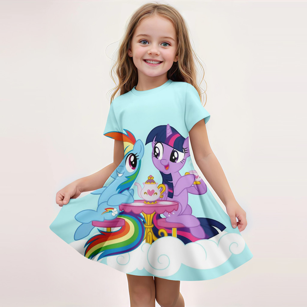 2025 MINISO ฤดูร้อนใหม่สาว My Little Pony ชุดแฟชั่นการ์ตูนน่ารัก 3D การพิมพ์ชุดเด็กแขนสั้นเสื้อผ้า