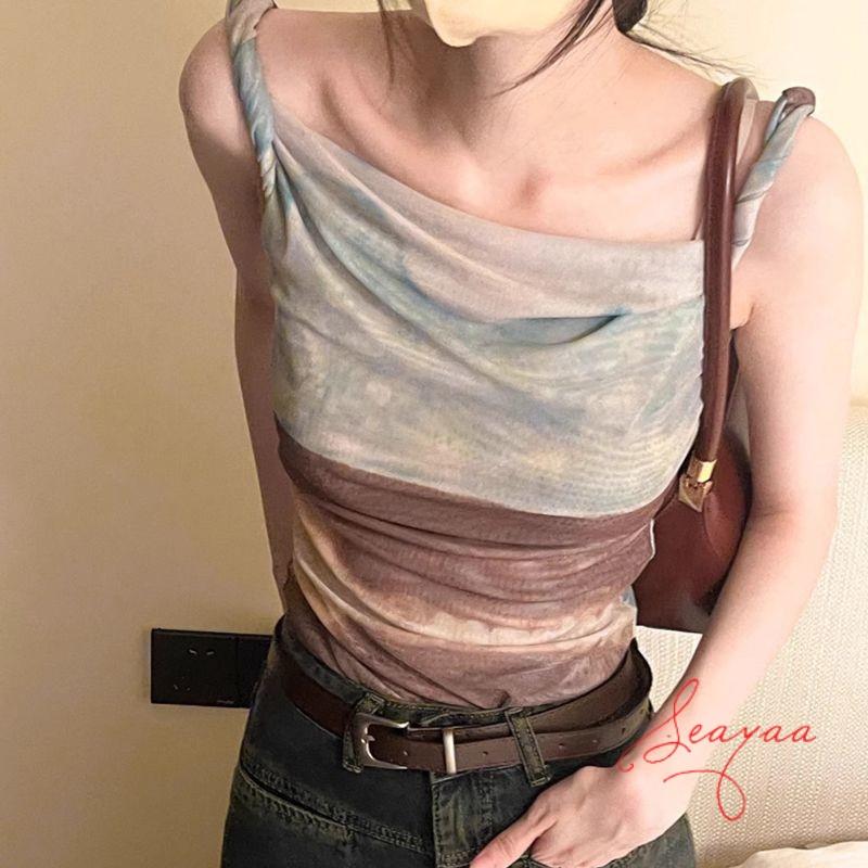 ย้อมน้ำมันวาดตาข่ายเสื้อกั๊กผิดปกติสั้น Camisole ผู้หญิงฤดูร้อนปิดไหล่หวานร้อนด้านบน SY