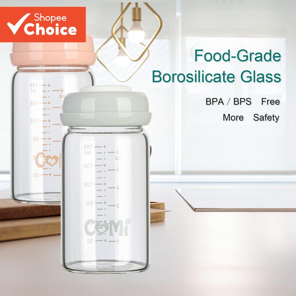 COMI ขวดเก็บน้ํานมแม่แก้วคอกว้าง 2 ชิ้น 6 ออนซ์พร้อมแหวนสกรูซีล BPA ฟรีวันเกิด