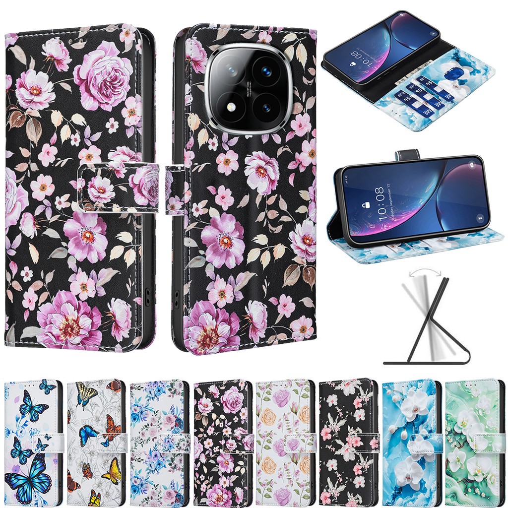 Flip Casing สําหรับ Xiaomi Poco F7 Ultra X7 M7 C75 Redmi A5 14C หมายเหตุ 14 Pro Plus 5G / 4G ผีเสื้อและ Rose รูปแบบกระเป๋าสตางค์หนัง PU ช่องใส่การ์ดฝาครอบกรณี