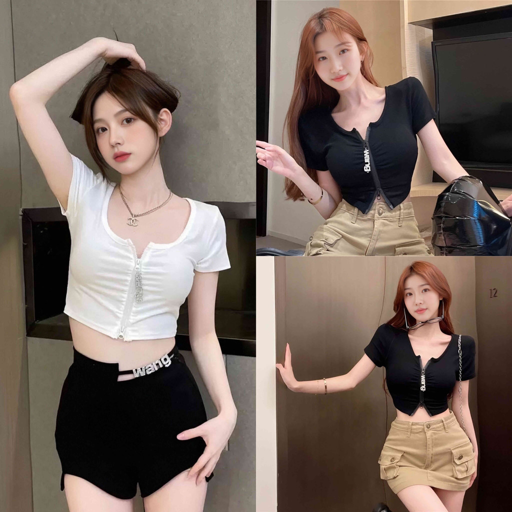เสื้อครอปดีไซน์เปิดหน้า ผ้ารัดรูปแขนสั้น สำหรับสาวแฟชั่น
