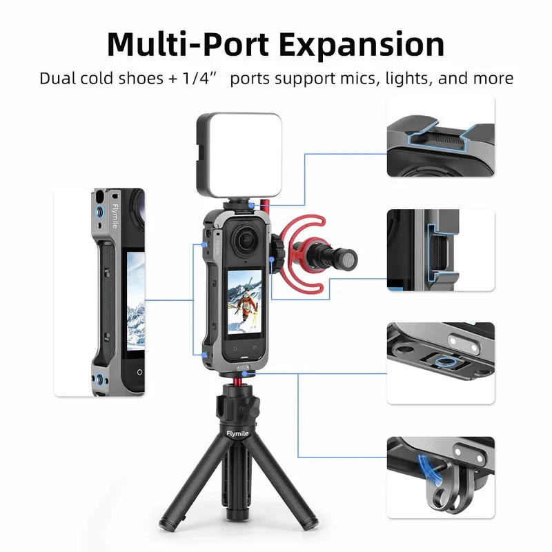 โครงอลูมิเนียมสำหรับ Insta360 X5, เคสโลหะสำหรับรองเท้าเย็นพร้อมฝาครอบเลนส์ซิลิโคนสำหรับ Insta 360 X5 อุปกรณ์เสริมที่ทนทาน thumbnail 7