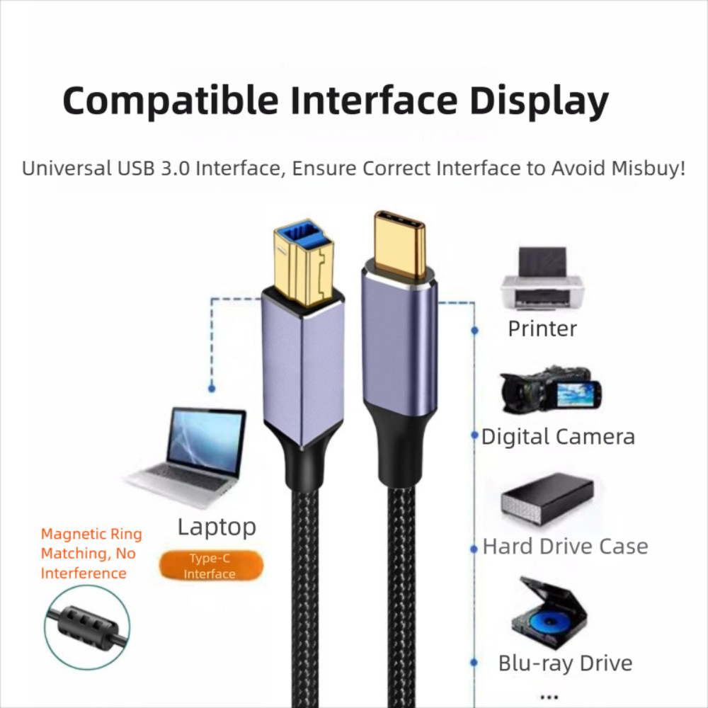 สายเคเบิลเครื่องพิมพ์ TRACYILLOIAN Type-C, Data Transfer Gold Plated USB C to USB B 3.0 Cable, Braided Nylon Male to Male Durable Scanner Wire for // คอมพิวเตอร์แล็ปท็อป - รูปที่ 2