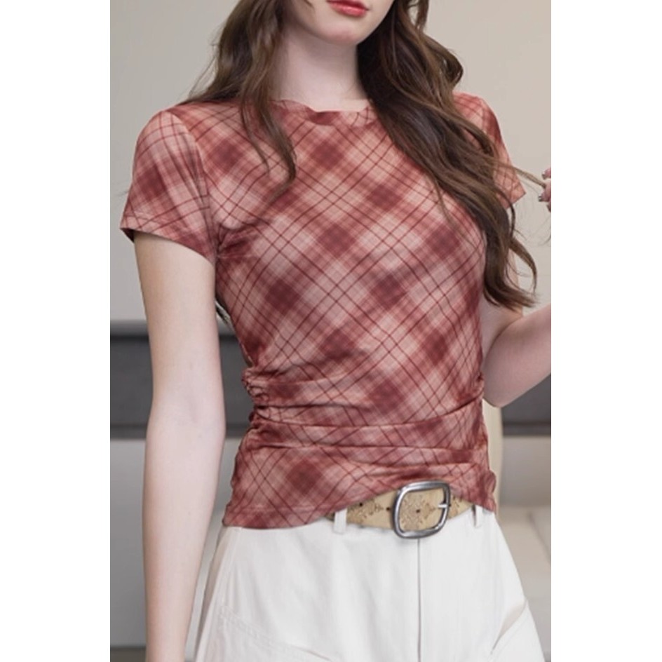 2025 สไตล์ใหม่ สต็อกจัดส่งรวดเร็ว ฤดูร้อนท็อปส์ผู้หญิง ลายสก๊อตแขนสั้น เอวกระชับ เสื้อยืดทรงบางพอดีตัว - รูปที่ 5