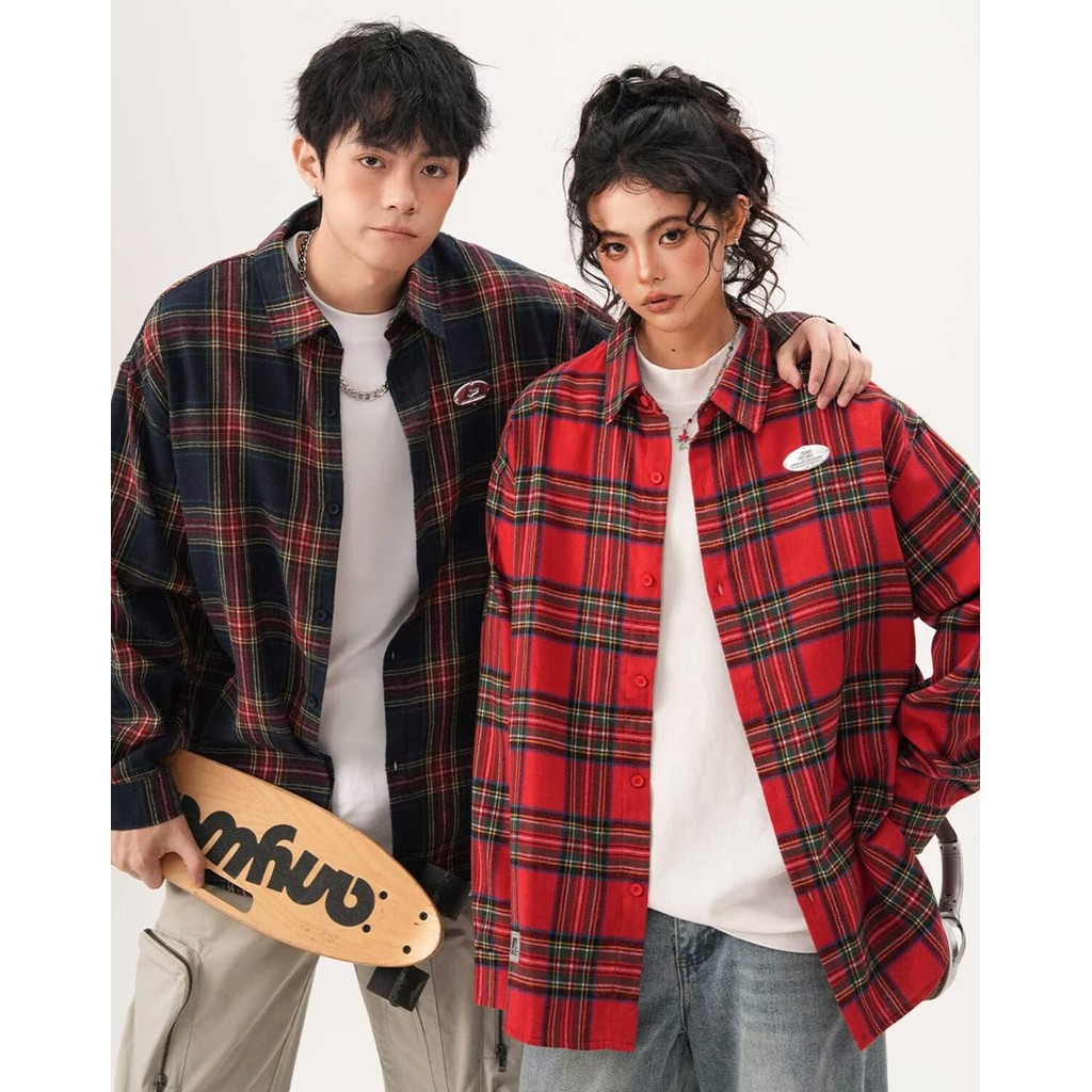 PannoFluxus ใหม่เสื้อลายสก๊อตอเมริกันย้อนยุคหลวมสบายๆแปรงออกแบบที่มีคุณภาพสูงสไตล์เป็นกลาง - รูปที่ 3