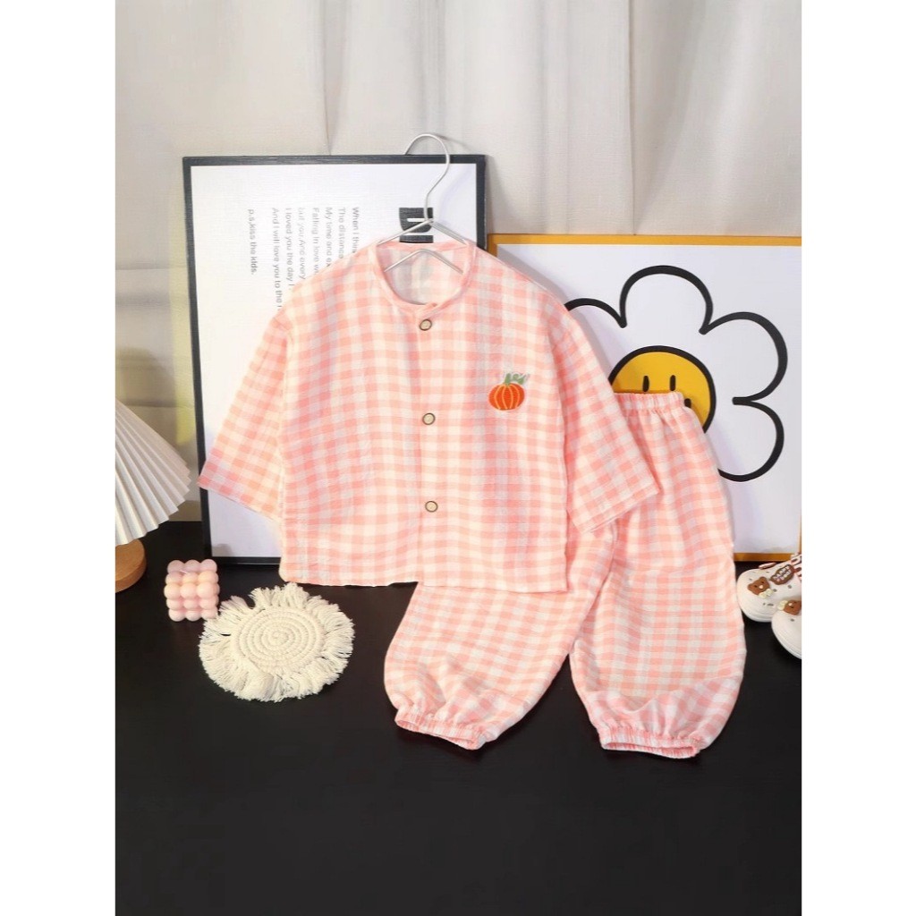 🪄🪄ชุดนอนเด็ก เซ็ท2ชิ้น เสื้อแขนยาว+กางเกงขายาว ลายสก็อต สีหวานน่ารักๆ🪄🪄 พร้อมส่ง