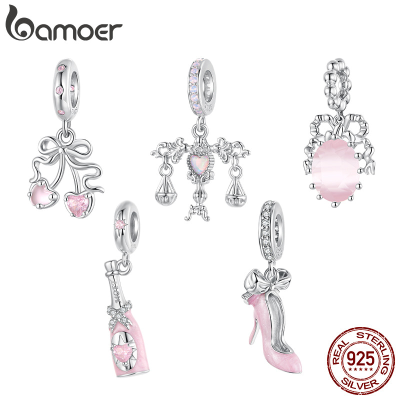 BAMOER บามอส 925เงินสเตอร์ลิง เชอร์รี่แชมเปญรองเท้าส้นสูง อุปกรณ์เสริมจี้ สำหรับสร้อยข้อมือ เสน่ห์โบว์สีชมพู ของขวัญ