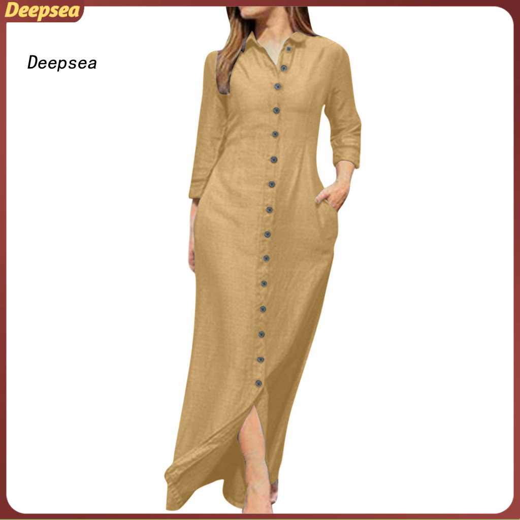 DPA Relaxed Fit Dress Lady ชุดเดรสยาวสไตล์ V คอ Maxi ชุดกระเป๋าด้านข้างสําหรับผู้หญิงเหมาะสําหรับฤดู