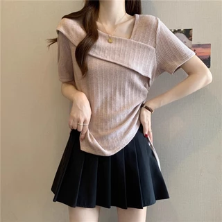 [เสื้อยืด ขนาดใหญ่เกินไป] (40-120กิโลกรัม) ฝรั่งเศสเสื้อลําลองผู้หญิงขนาดบวกฤดูร้อนท็อปส์แฟชั่นไม่สมมาตรแขนสั้นสายรัดเสื้อยืด
