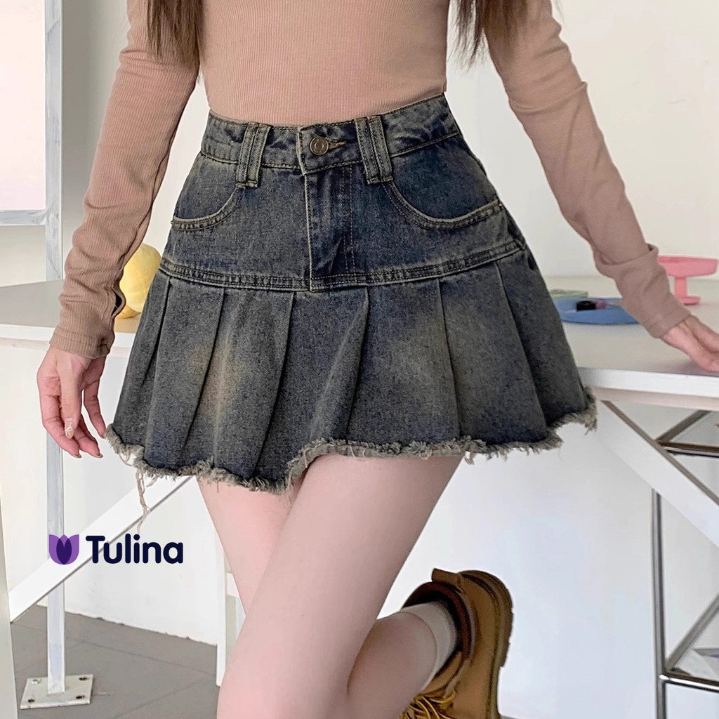 กระโปรงยีนส์ เอวสูง ทรง A ป้องกันการแหวกขา