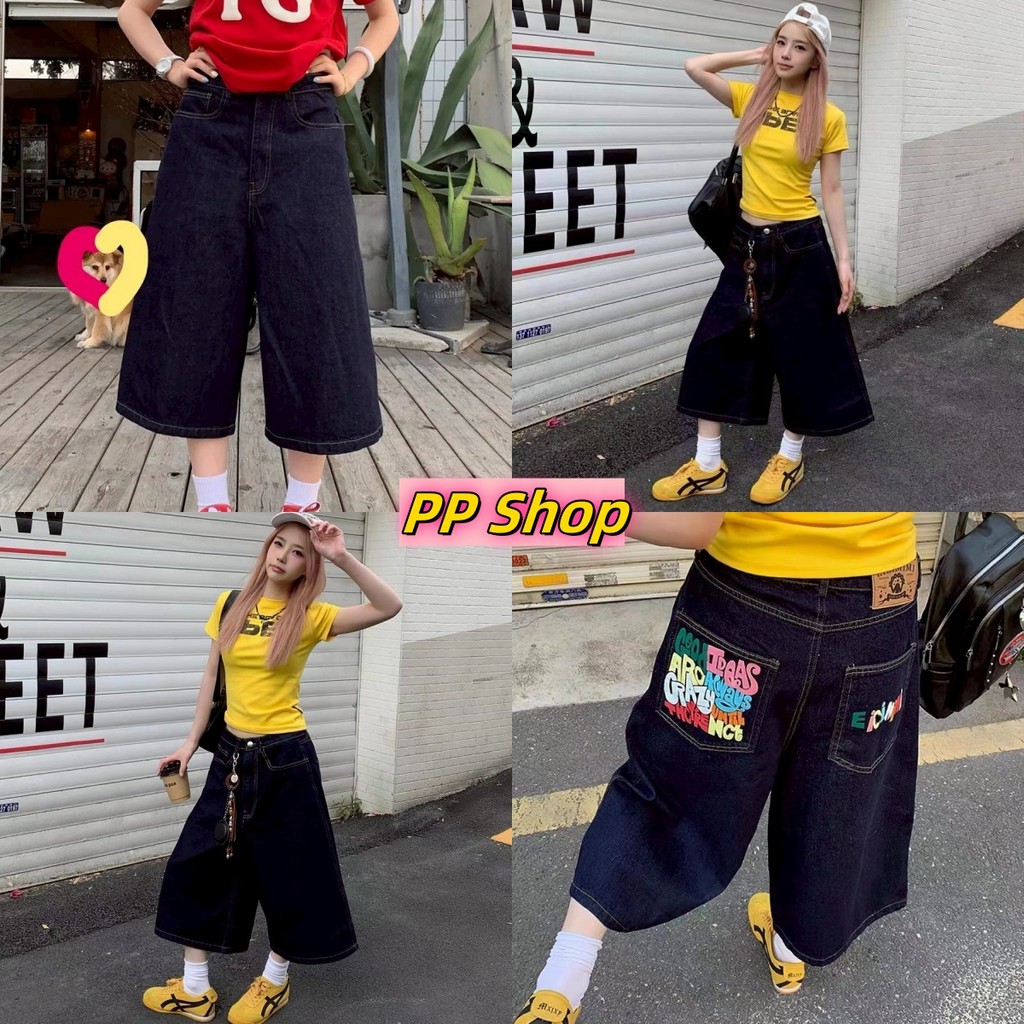 💜PP SHOP💜พร้อมส่ง กางเกงขาสี่ส่วน กางเกงครอป กางเกงขากว้าง เอวกลาง ดีดทลแต่งกระเป๋า ทรงลวมๆ กางเกงเก