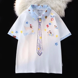 EERSHENSHI เสื้อโปโลปักวินเทจพร้อมดีไซน์ผูกเน็คไทสำหรับผู้หญิงฤดูร้อนชุดลำลอง