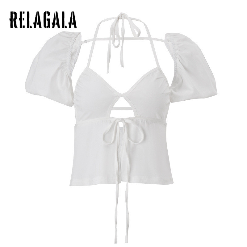 RELAGALA เสื้อยืดผู้หญิง 2025 ฤดูร้อนใหม่ สีทึบ V คอ Halter Backless Slim Fit แขนพัฟ Casual All Match