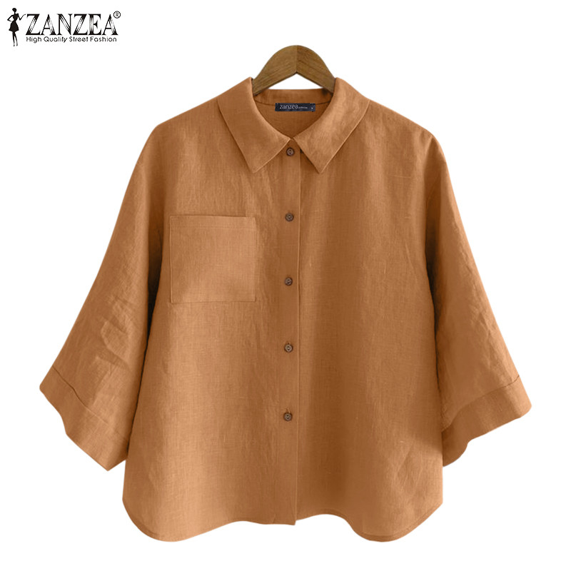 ZANZEA ใส่ ซานเซีย เสื้อสตรีเกาหลีลําลองพลิกคอแขนสีที่บริสุทธิ์เสื้อหลวม