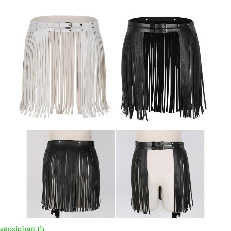 Gaoxinhap ผู้หญิง Punk PU หนังพู่กระโปรงเอวละตินเต้นรํา Goth Party Fringed Double Buckled เข็มขัดเอว Swing