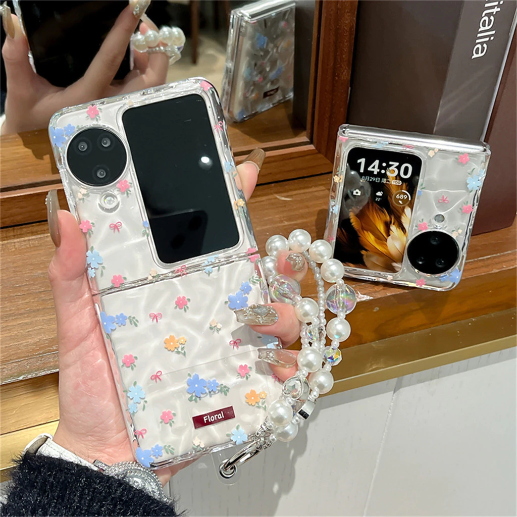 น่ารักระลอกน้ําดอกไม้โปร่งใสเคสโทรศัพท์พร้อมสร้อยข้อมือมุกสําหรับ OPPO ค้นหา N3 Flip N3Flip Findn3Flip กันกระแทกปกหลังmanha