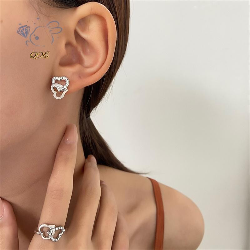 [GI] 5 ชิ้น/เซ็ตเครื่องประดับรูปหัวใจชุดแหวนต่างหูสร้อยคอสําหรับผู้หญิง Elegance Rhinestone Double H