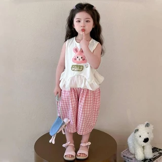 MooDeng Baby ชุดเสื้อ+กางเกง ลายกระต่ายฤดูร้อน ชุดเสื้อ+กางเกงเด็กผ้านิ่ม สวมใส่สบาย เสื้อกั๊ก เด็กหญิง