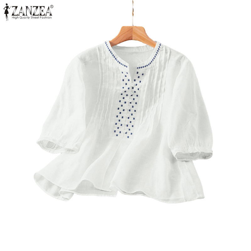 ZANZEA ผู้หญิงวันหยุดเกาหลีอินเทรนด์รอบคอแขนโคมไฟ Embroider พิมพ์ A-Line เสื้อเบลาส์