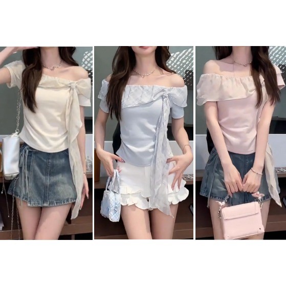 (ส่งจากไทย)วันแม่เสื้อแฟชั่นผู้หญิง เสื้อยืดหรูหราเสื้อยืดโบว์ไหล่เย็นอสมมาตรธรรมดาสําหรับผู้หญิง(สีน้ำเงิน/ชมพู/แอปริคอ