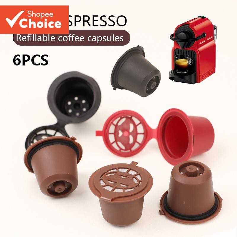 6PCS รีฟิลสําหรับ Nespresso Capsule,เครื่องชงกาแฟแคปซูล,เครื่องชงกาแฟเอสเปรสโซ Reutilisable แคปซูล Pods พร้อมช้อนแปรง