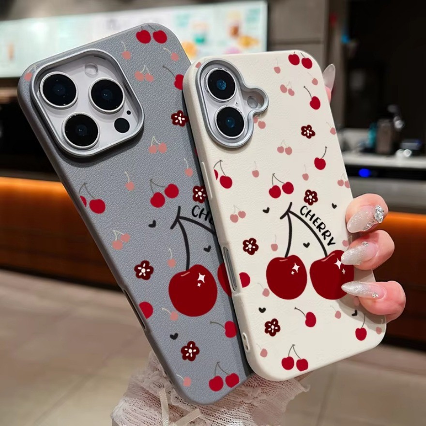 INS รูปแบบเชอร์รี่สีแดงหนัง TPU สําหรับ iPhone 17 AIR 16E 16 Plus 15 Plus 16 15 14 13 Pro Max ซิลิโคนกันกระแทกฝาครอบโทรศัพท์