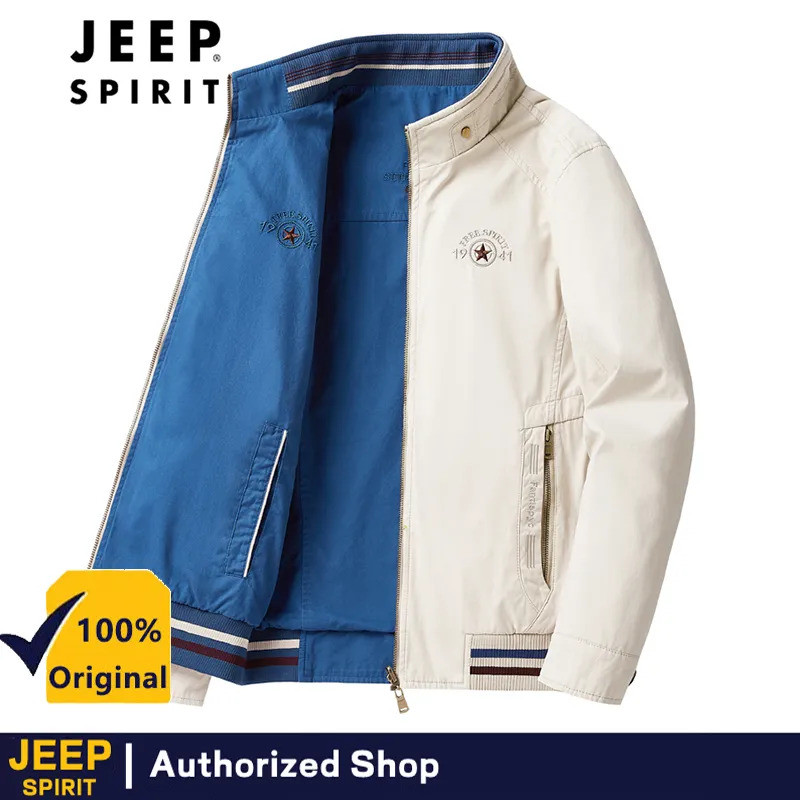 JEEP SPIRIT ฤดูใบไม้ร่วงและฤดูหนาวเสื้อแจ็คเก็ตสองด้านผู้ชายยืนขึ้นปกผ้าฝ้ายแท้เสื้อแจ็คเก็ตบอมเบอร์ไซส์ M-8XL