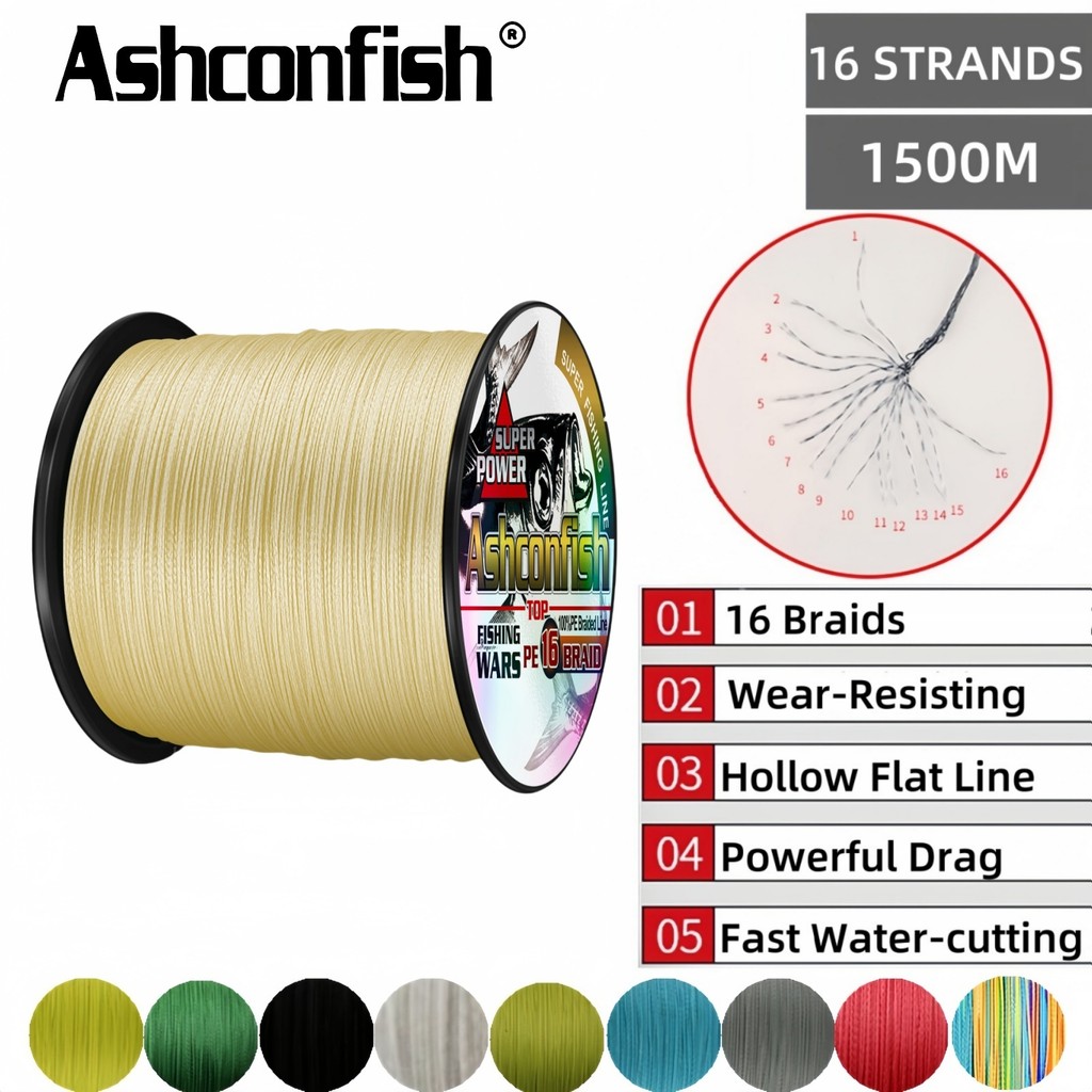 Ashconfish 1500M Professional 16 Strands สายตกปลาถัก Hollow PE สายหลัก Multifilament 20LB-500LB