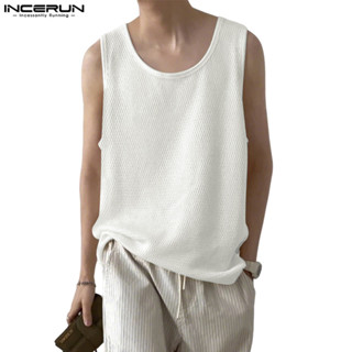 INCERUN ผู้ชายเกาหลีเรียบง่ายลําลองคอลูกเรือแขนกุดเนื้อหลวมพ…