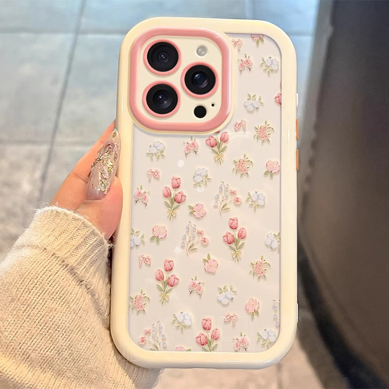 [ลายดอกไม้เต็มหน้าจอ] เหมาะสำหรับเคสโทรศัพท์ Apple 16/15/14/13/12/11 Pro Max สีครีม ลายช่อดอกไม้สดใหม่ ป้องกันการตกหล่น สายคล้องมือเรียบง่าย - รูปที่ 3