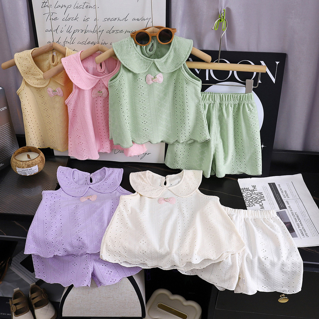 [RJ] 80-140ซม สาวเสื้อกั๊กแขนกุดสั้นขนาดเล็กด้านบนผู้หญิงฤดูร้อนสไตล์ฝรั่งเศสเก๋หวานเผ็ดสวมใส่เสื้อกลวง2ชิ้นชุด