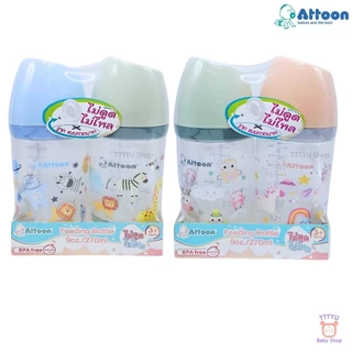 Attoon ขวดนมคอกว้าง แพ็คคู่ 5 ออนซ์ 9 ออนซ์ ฝาสโลป ดีไซส์ใหม่ พร้อมจุก Antichoke ไม่ดูดไม่ไหล TTTYU Baby Shop