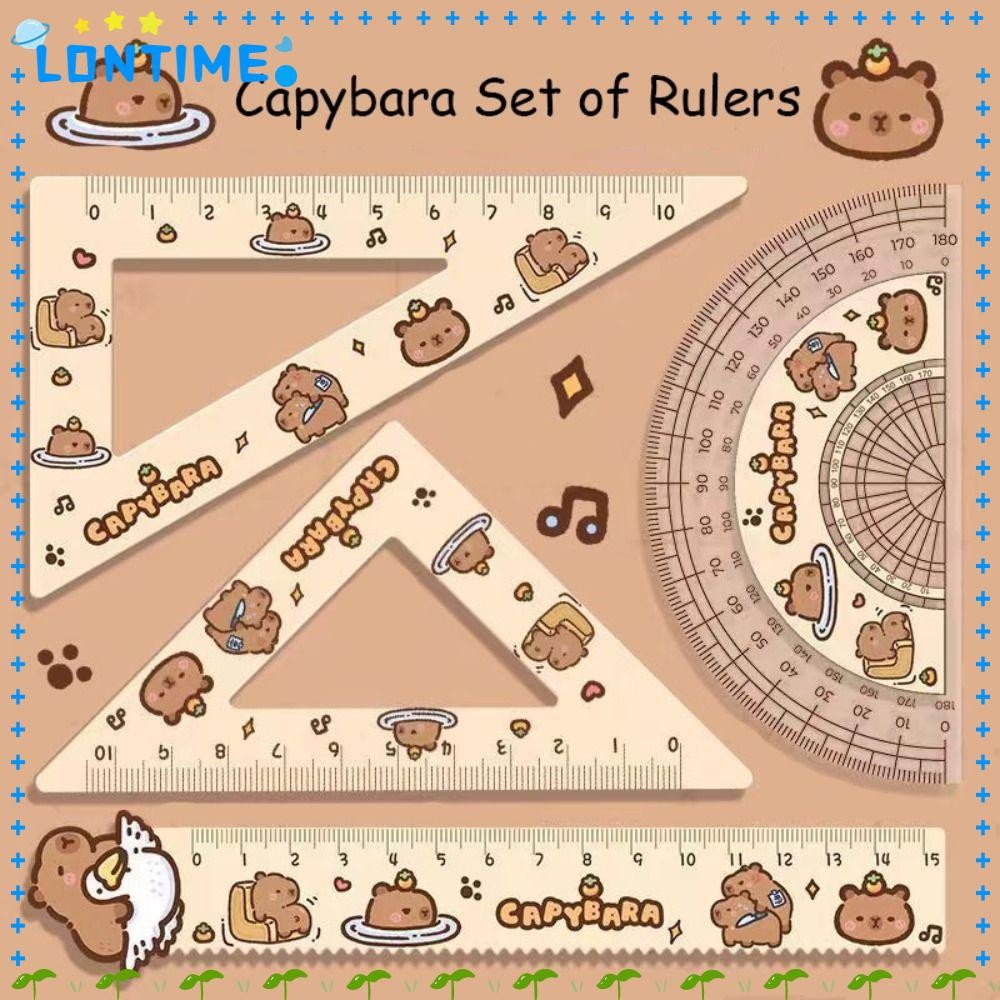 LONTIME 4 ชิ้น/เซ็ต Soft ไม้บรรทัดชุด,อะคริลิคอุปกรณ์สํานักงาน Capybara ชุดไม้บรรทัด, Creative Drawing เครื่องมือน่ารักการ์ตูนไม้โปรแทรกเตอร์