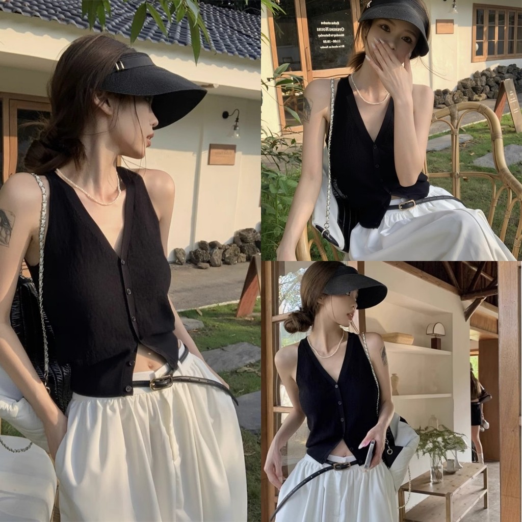 💜Bonnie💜​เสื้อกล้ามไหมพรม คอวี สีพื้น แขนกุด เข้ารูป คอกลม แขนกุด เสื้อสไตล์เกาหลี สไตล์มินิมอลน่ารักๆสบาย