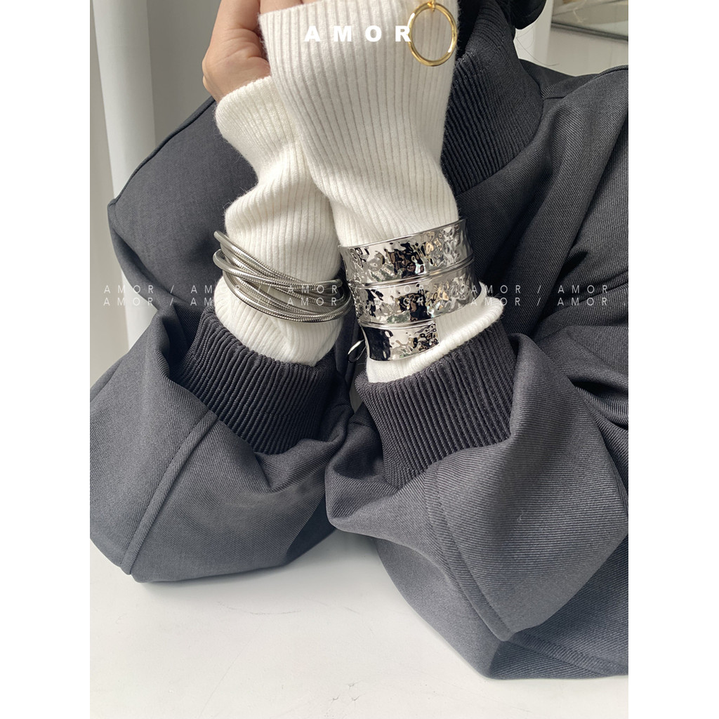 Double-Layer Heavyweight Silvery Bracelet Niche Design Statement Piece