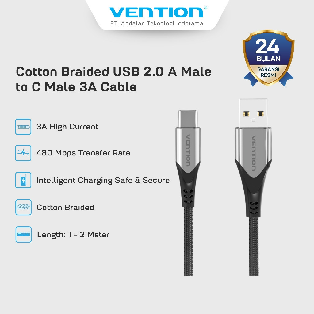 Vention USB To Type C 3A Fast Charging Cotton Braided Charger Cable 25CM 50CM 1M 1.5M 2M 3M -