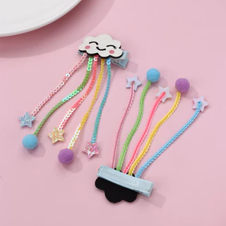 Kids Hair Pins Clouds Smiley Sequins Tassels Ribbon เครื่องประดับผมกันลื่น