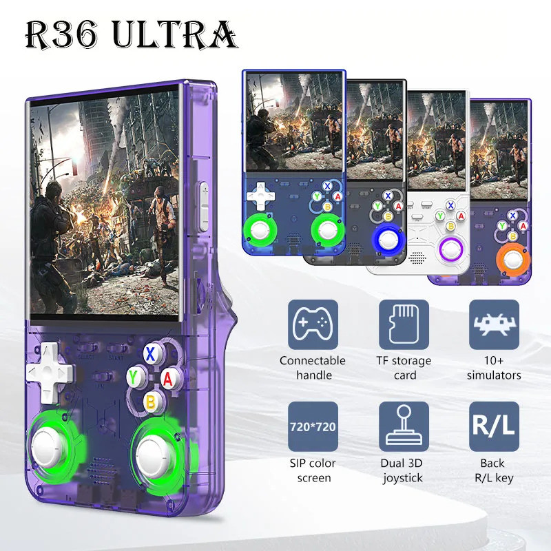 R36 Ultra Retro คอนโซลวิดีโอเกมมือถือ 64G/128G 20000 + Linux ระบบ 4.0 นิ้วหน้าจอ IPS แบบพกพากระเป๋าเ