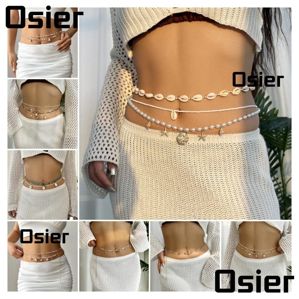 OSIER Boho โซ่เอว, ลูกปัดเปลือกหอย Belly Chain, Multilayer Pearl Starfish เครื่องประดับเข็มขัดสไตล์โบฮีเมียน