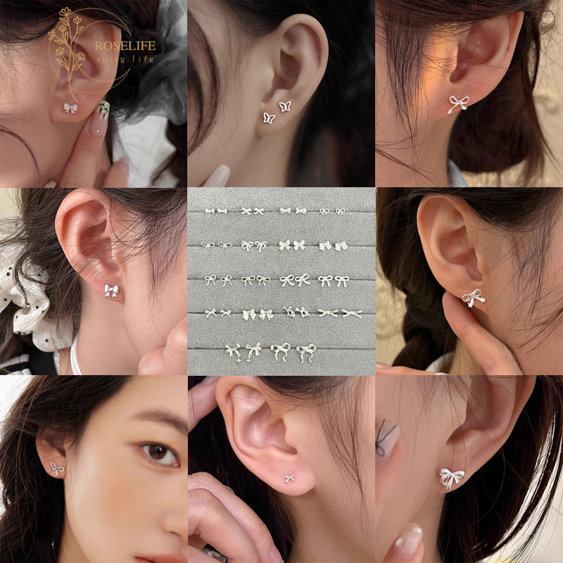 Roselife 1 คู่ Minimalist S925 เงินผีเสื้อโบว์ต่างหูผู้หญิง Hypoallergenic Bowknot เครื่องประดับ