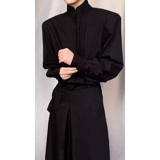 🖤Stand Collar Pleated Shirt เสื้อเชิ้ตผู้ชายคอจีนพับร่อง ผ้าคอตตอน100% แขนยาวสไตล์เรียบหรู มี2สี ดำ/ขาว Size M-3XL